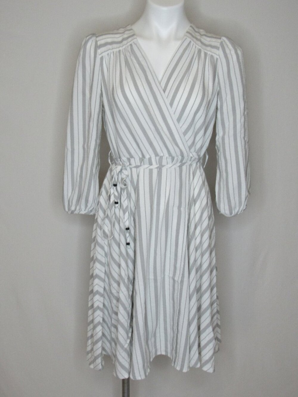 Calvin Klein Gray White Stripe Faux Wrap A-Line Dress Tie Belt Women's 8